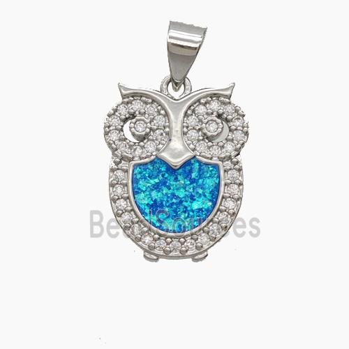 Copper Owl Pendant Pave Zirconia Fireopal Platinum Plated