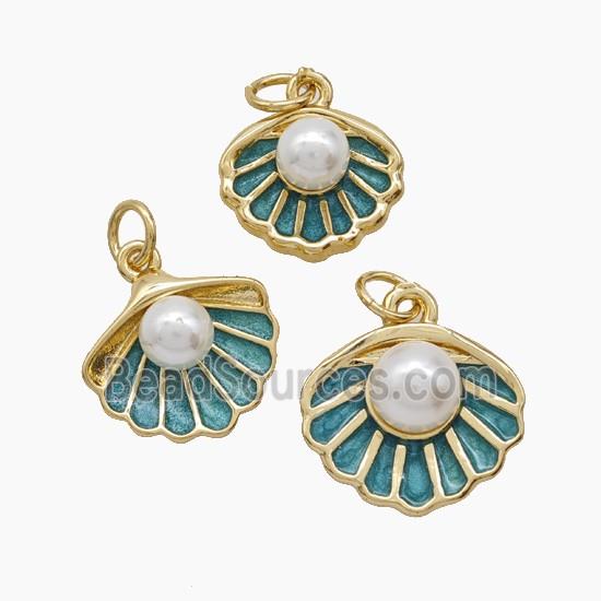 Copper Scallop Shell Pendant Pave Resin Green Enamel 18K Gold Plated