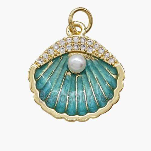 Copper Scallop Shell Pendant Pave Zirconia Resin Green Enamel 18K Gold Plated