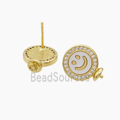 Copper Emoji Stud Earrings Pave Shell Smileface 18K Gold Plated