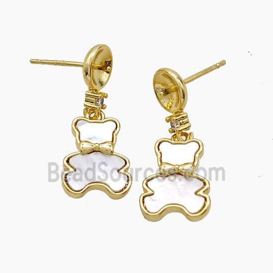 Copper Bear Stud Earrings Pave Shell 18K Gold Plated