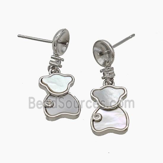 Copper Bear Stud Earrings Pave Shell Platinum Plated