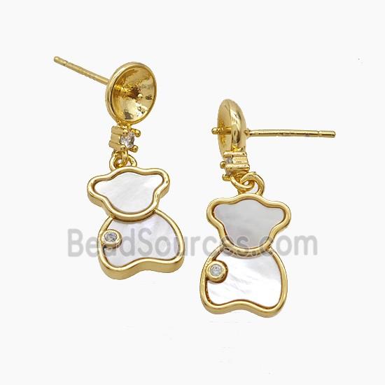 Copper Bear Stud Earrings Pave Shell 18K Gold Plated