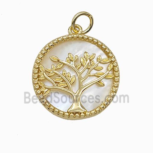 Copper Tree Of Life Pendant Pave Shell Gold Plated