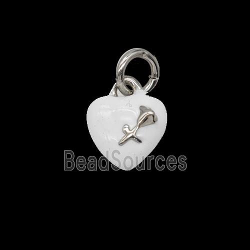 Copper Heart Pendant With Rose Flower White Enamel Platinum Plated
