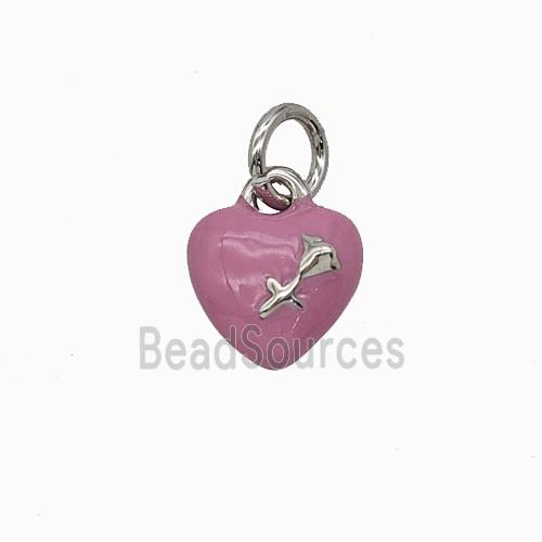 Copper Heart Pendant With Rose Flower Pink Enamel Platinum Plated