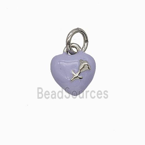 Copper Heart Pendant With Rose Flower Lavender Enamel Platinum Plated