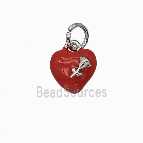 Copper Heart Pendant With Rose Flower Red Enamel Platinum Plated