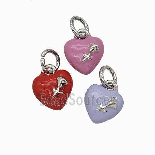 Copper Heart Pendant With Rose Flower Enamel Platinum Plated Mixed