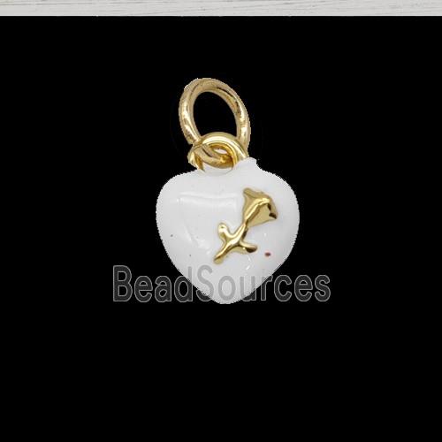 Copper Heart Pendant With Rose Flower White Enamel Gold Plated