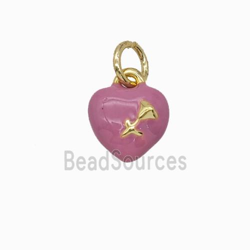 Copper Heart Pendant With Rose Flower Pink Enamel Gold Plated