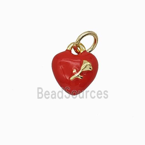 Copper Heart Pendant With Rose Flower Red Enamel Gold Plated