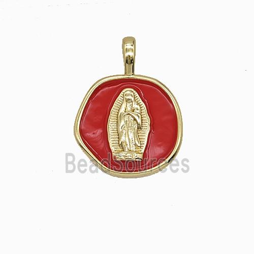 Copper Virgin Mary Pendant Red Enamel Gold Plated