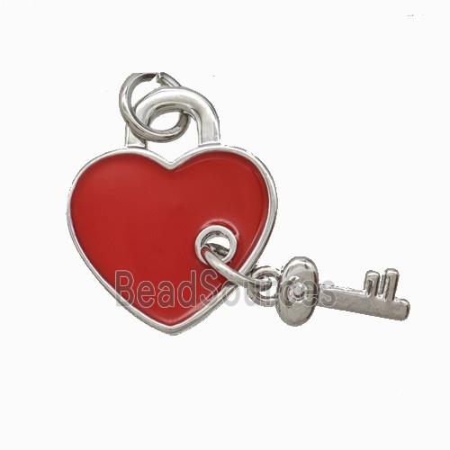 Copper Heart Lock Key Pendant Red Enamel Platinum Plated