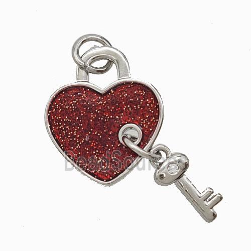 Copper Heart Lock Key Pendant Red Enamel Platinum Plated