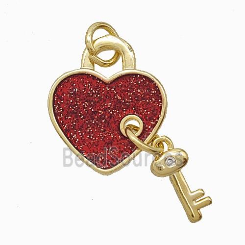 Copper Heart Lock Key Pendant Red Enamel Gold Plated