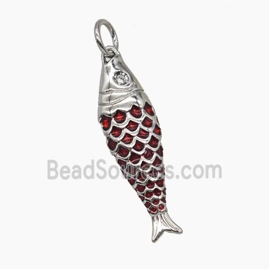 Copper Fish Pendant DarkRed Enamel Platinum Plated