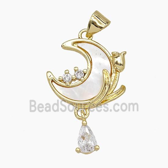 Copper Moon Pendant Pave Shell Tulip Gold Plated