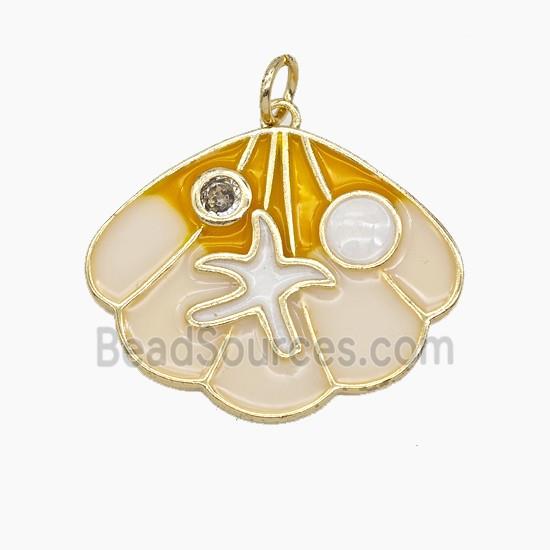 Copper Scallop Shell Pendant Pave Zirconia Enamel Gold Plated