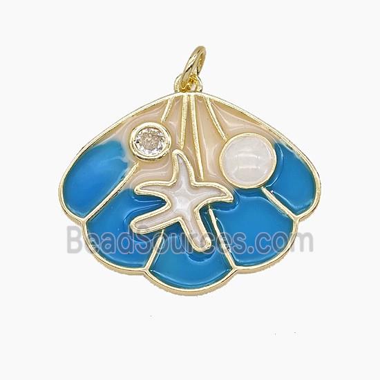 Copper Scallop Shell Pendant Pave Zirconia Blue Enamel Gold Plated