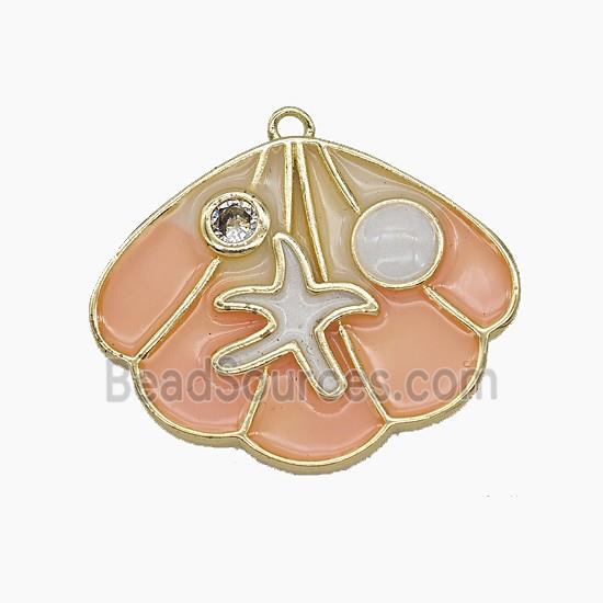 Copper Scallop Shell Pendant Pave Zirconia Pink Enamel Gold Plated