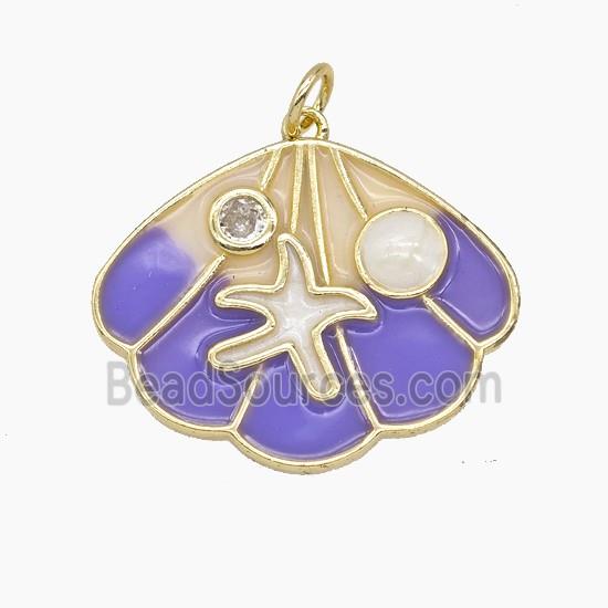 Copper Scallop Shell Pendant Pave Zirconia Lavender Enamel Gold Plated