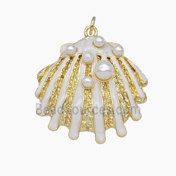 Copper Scallop Shell Pendant Pave Resin White Enamel Gold Plated