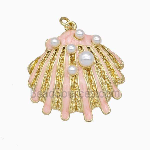 Copper Scallop Shell Pendant Pave Resin Pink Enamel Gold Plated