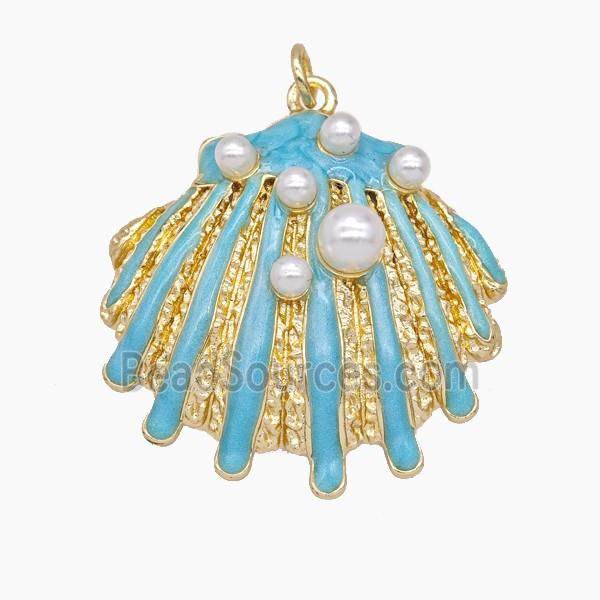 Copper Scallop Shell Pendant Pave Resin Turqblue Enamel Gold Plated