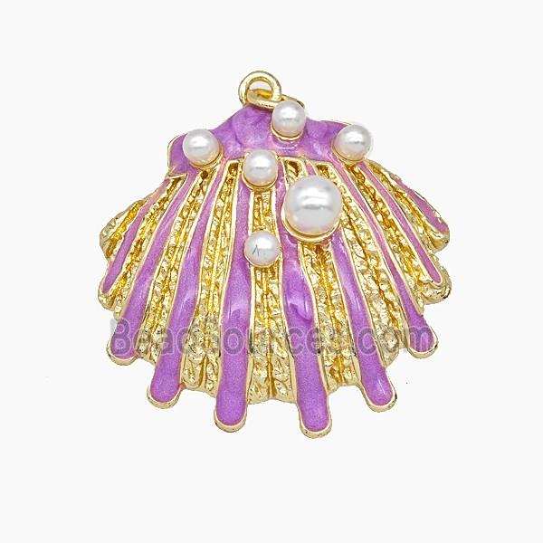 Copper Scallop Shell Pendant Pave Resin Lavender Enamel Gold Plated