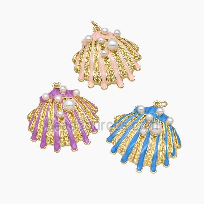 Copper Scallop Shell Pendant Pave Resin Enamel Gold Plated Mixed