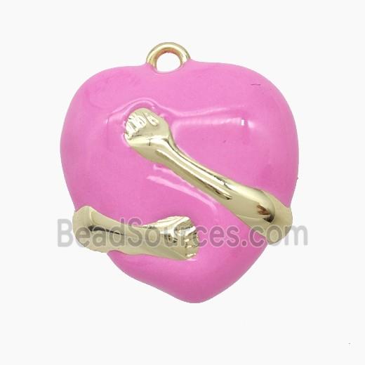 Copper Heart Pendant Pink Enamel Hug Hands Gold Plated