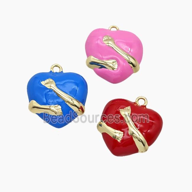 Copper Heart Pendant Enamel Hug Hands Gold Plated Mixed