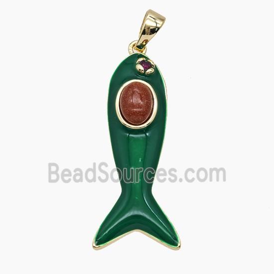 Copper Fish Pendant Pave Jade Green Enamel Gold Plated