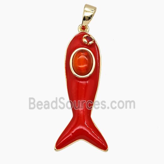 Copper Fish Pendant Pave Jade Red Enamel Gold Plated
