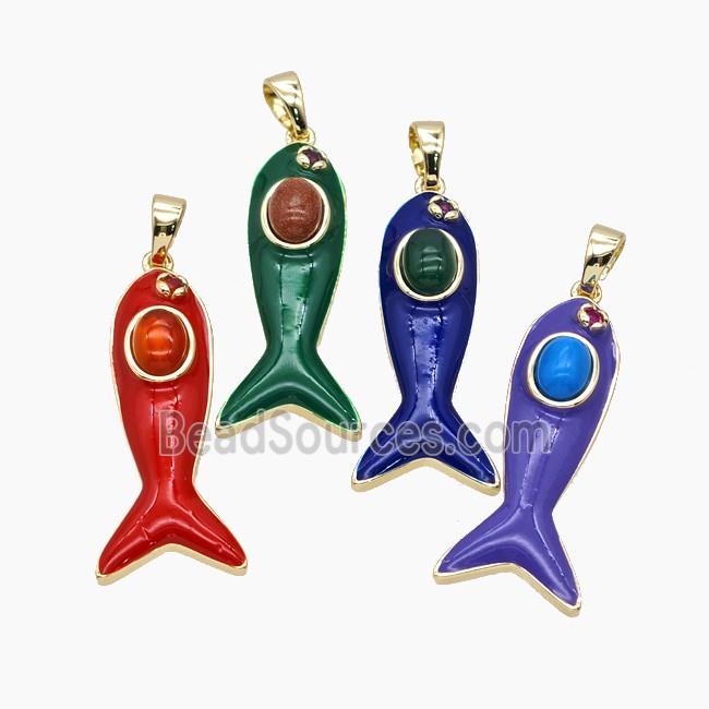 Copper Fish Pendant Pave Jade Enamel Gold Plated Mixed