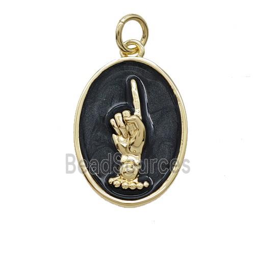 Copper Hand Pendant Black Enamel Oval Gold Plated