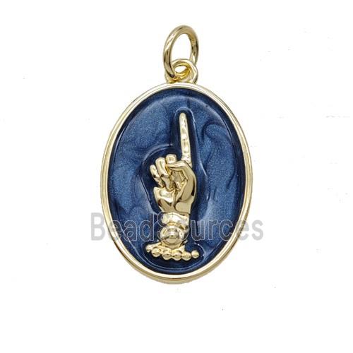 Copper Hand Pendant Blue Enamel Oval Gold Plated