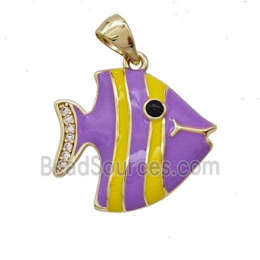 Copper Fish Pendant Pave Zirconia Lavender Enamel Gold Plated
