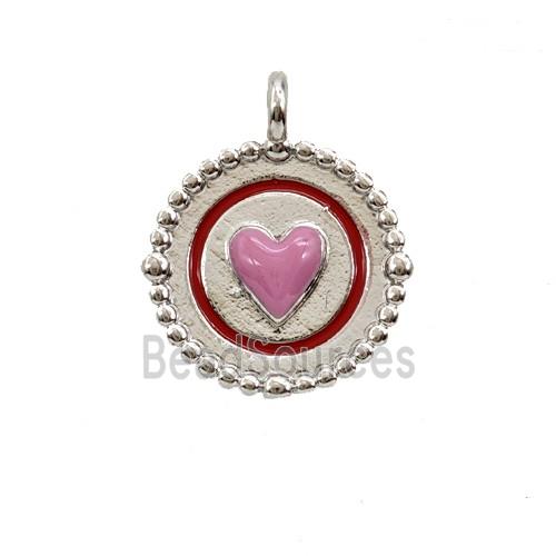 Copper Heart Pendant Pink Enamel Circle Platinum Plated