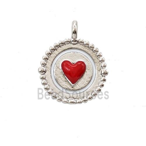 Copper Heart Pendant Red Enamel Circle Platinum Plated