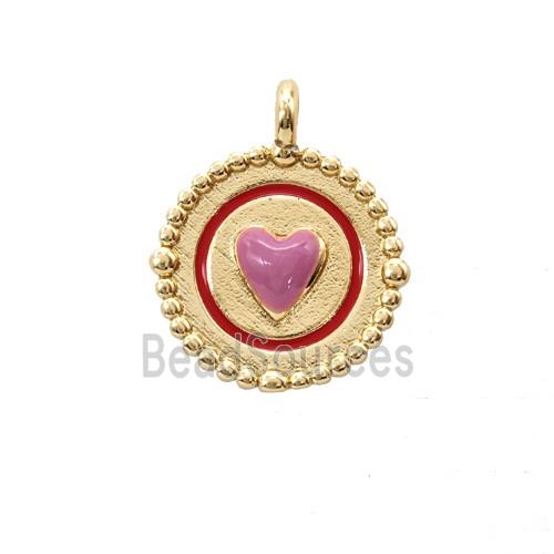 Copper Heart Pendant Pink Enamel Circle Gold Plated