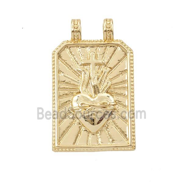 Copper Sacred Heart Pendant Sunray Rectangle 2loops Gold Plated