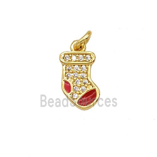 Christmas Stocking Charms Copper Pendant Pave Zirconia Red Enamel Gold Plated