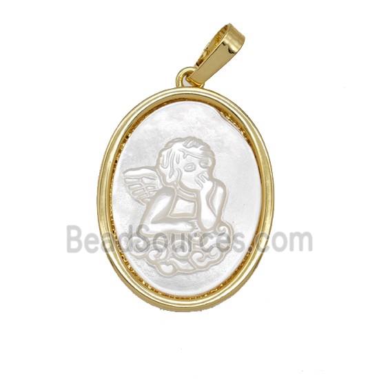 Copper Oval Pendant Pave Shell Angel 18K Gold Plated