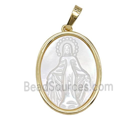 Copper Oval Pendant Pave Shell Virgin Mary 18K Gold Plated