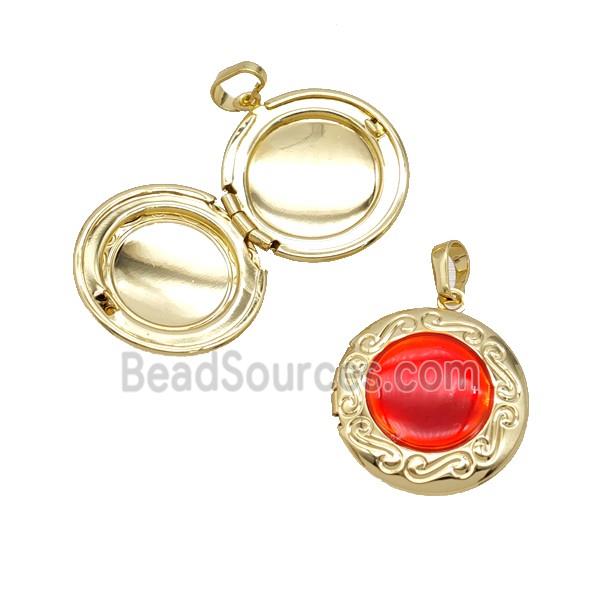 Copper Circle Locket Pendant Red Enamel 18K Gold Plated