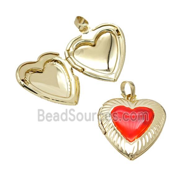 Copper Heart Locket Pendant Red Enamel 18K Gold Plated