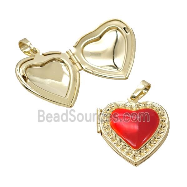 Copper Heart Locket Pendant Red Enamel 18K Gold Plated