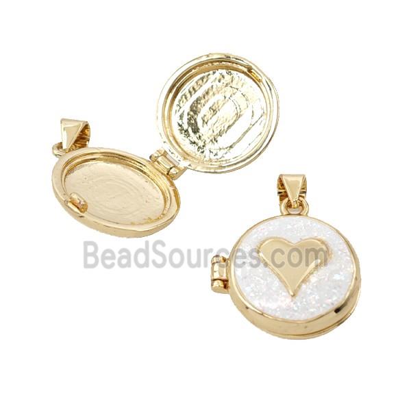 Copper Heart Locket Pendant Pave White FireOpal 18K Gold Plated